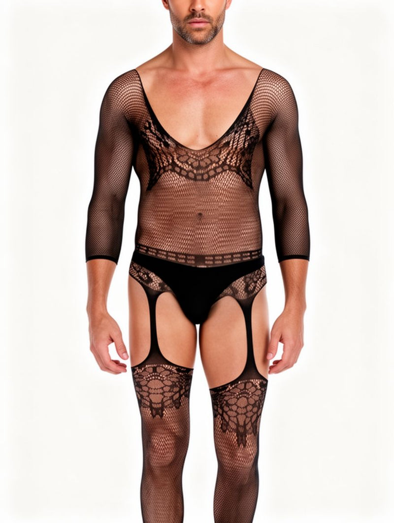Men's Black Fishnet Lace Bodystocking with Suspender Stockings