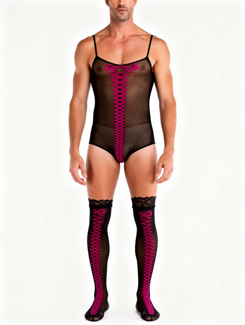 Men's Black And Pink Lace-Up Bodysuit And Stockings Set