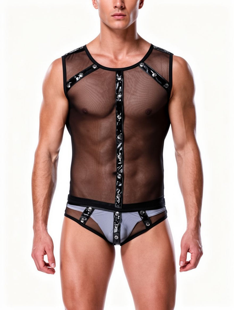 Men's Black Sheer Mesh Tank Top and Brief Set
