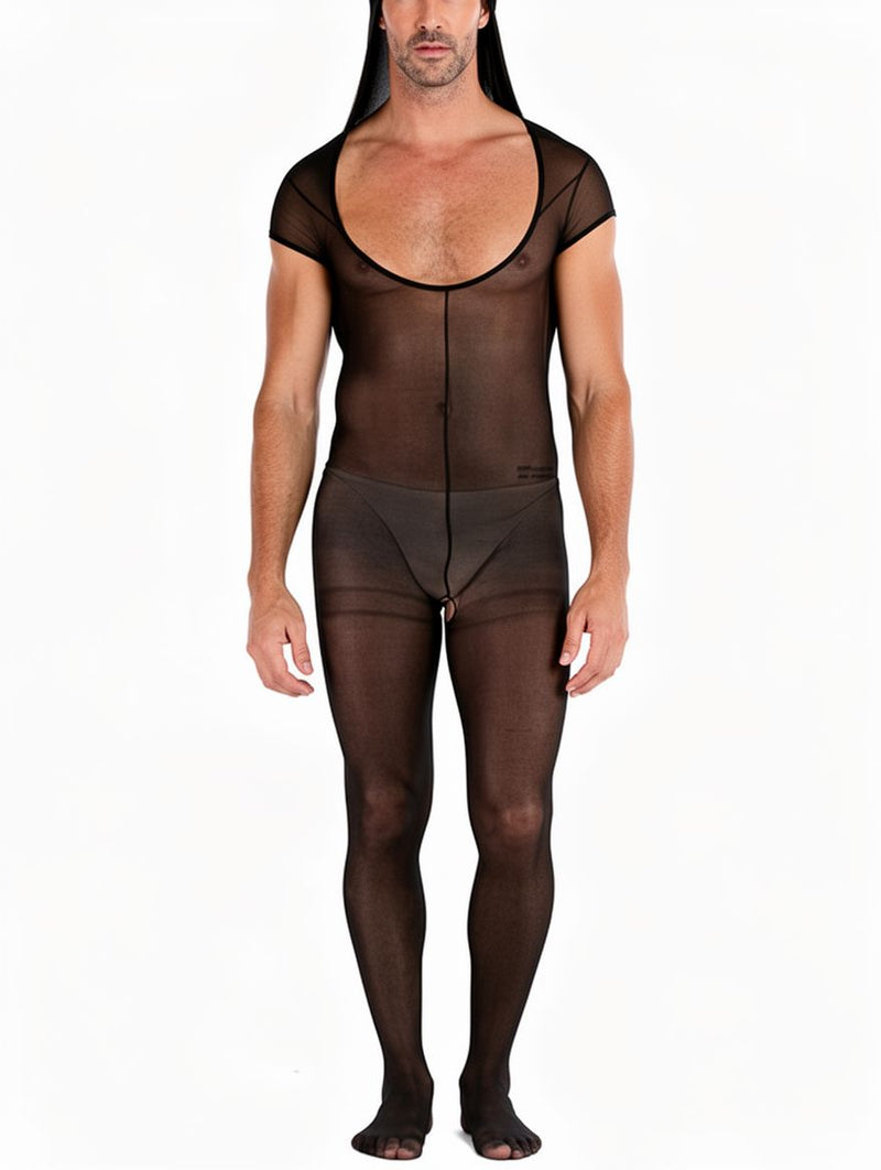 Men's Black Sheer Hooded Open-Crotch Footed Bodystocking
