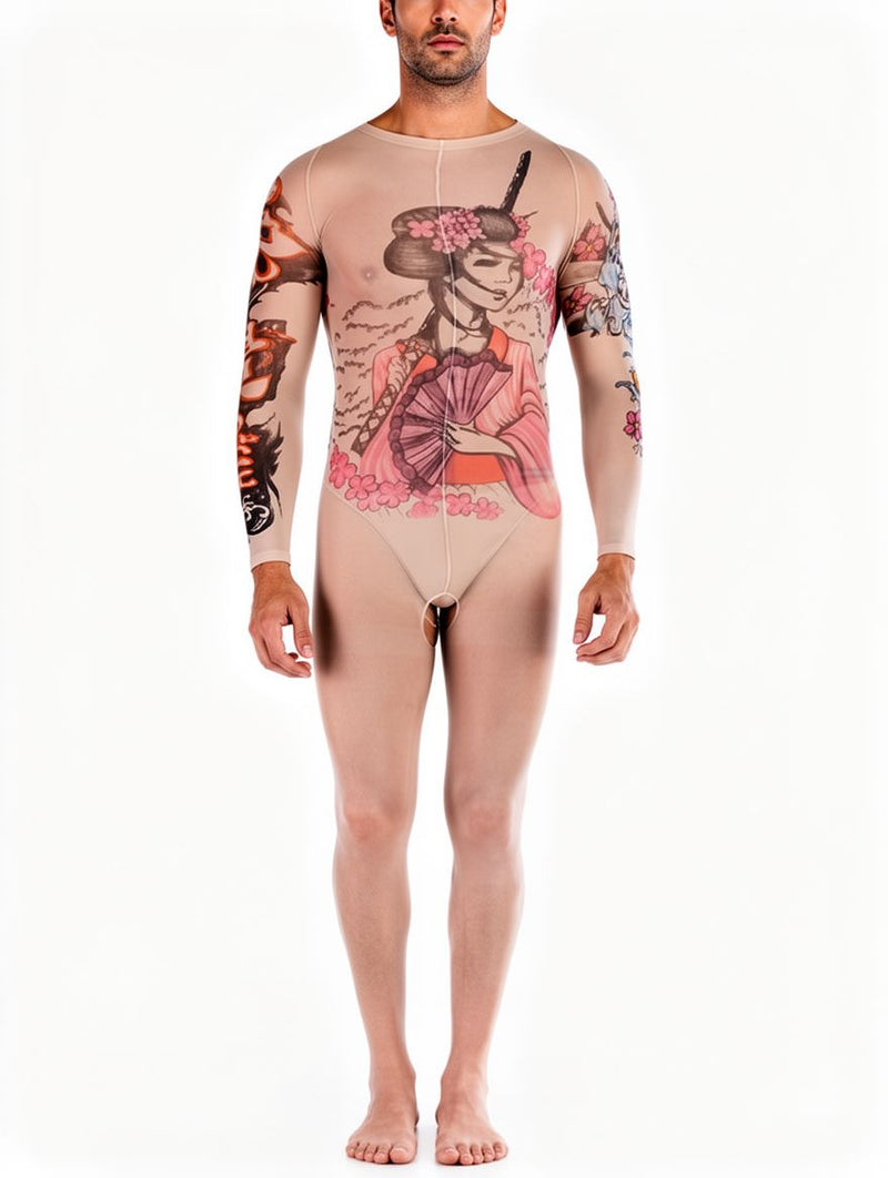 Men's Nude Sheer Tattoo-Print Long-Sleeve Bodystocking