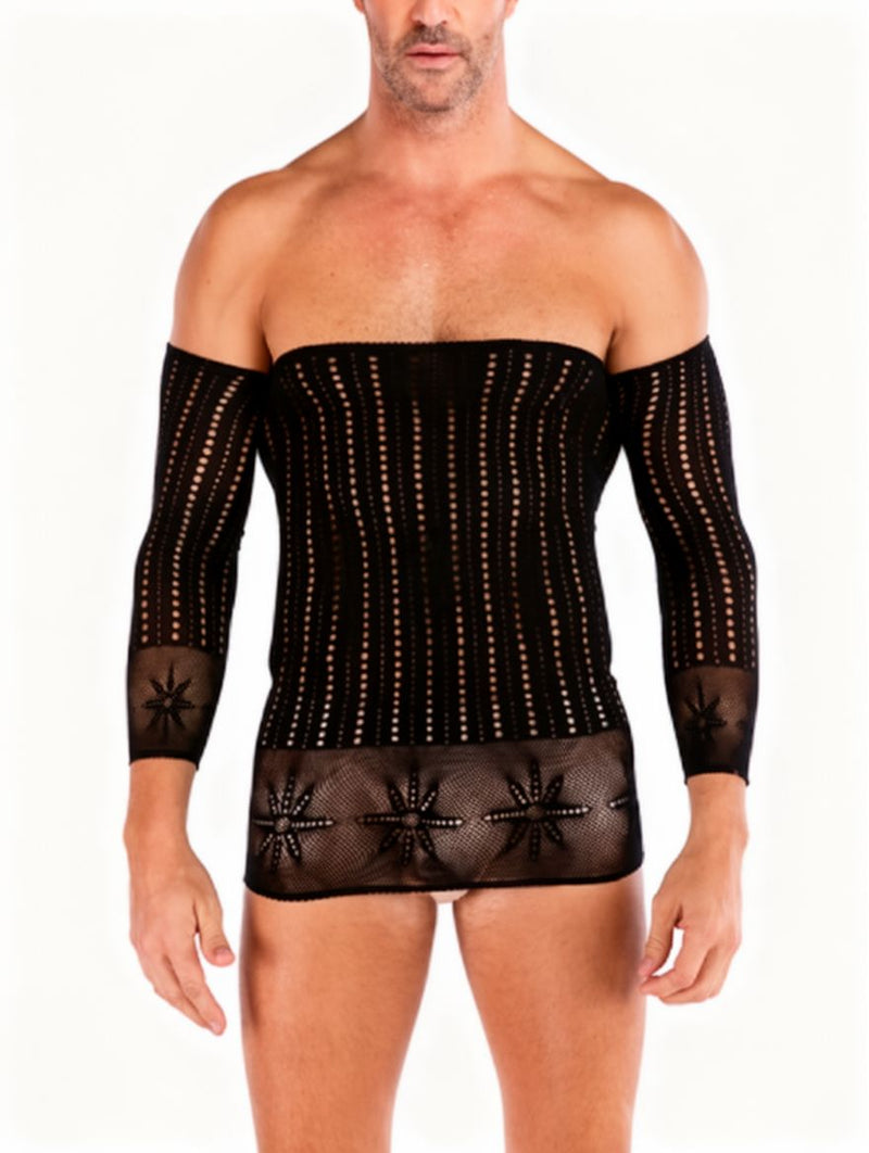 Men's Black Pointelle Off-Shoulder Sheer Mesh Tunic