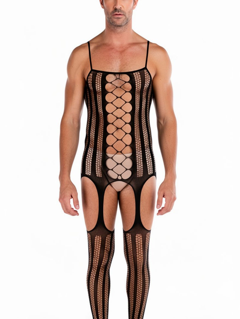Men's Black Cutout Net Suspender Footed Bodystocking