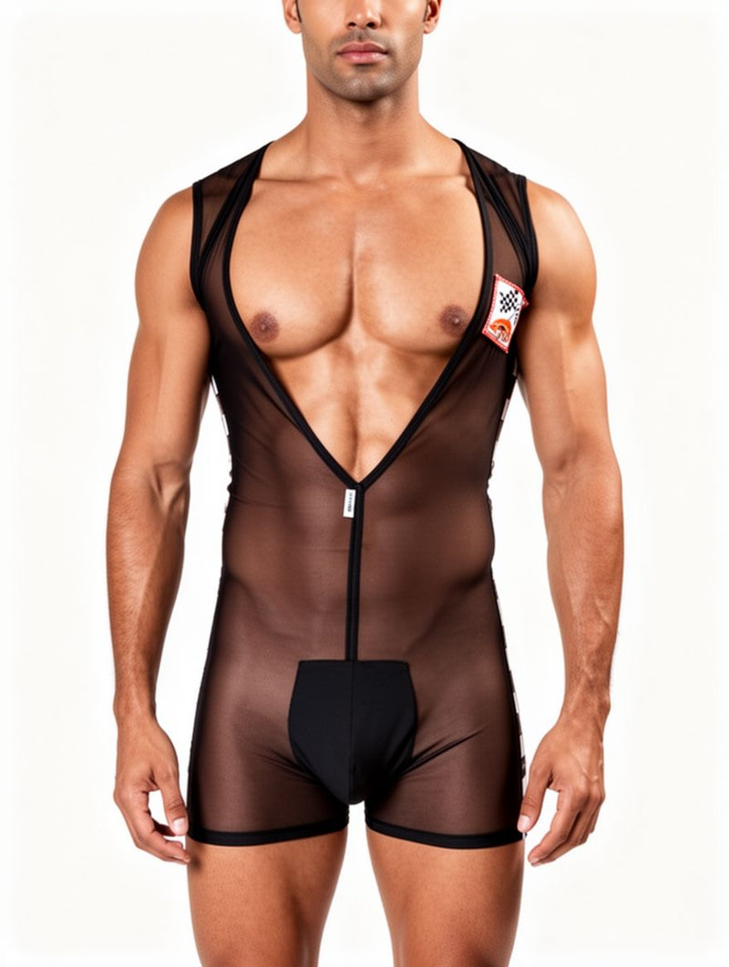 Men's Black Mesh Checkered Sleeveless Wrestling Bodysuit
