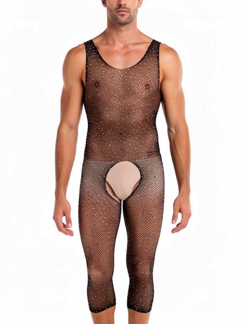 Men's Black Rhinestone Fishnet Open-Crotch Bodystocking