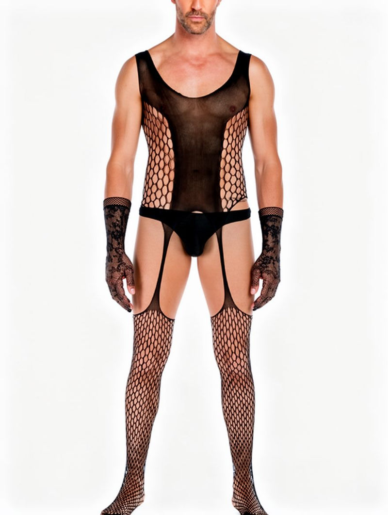 Men's Black Fishnet Suspender Bodystocking with Gloves