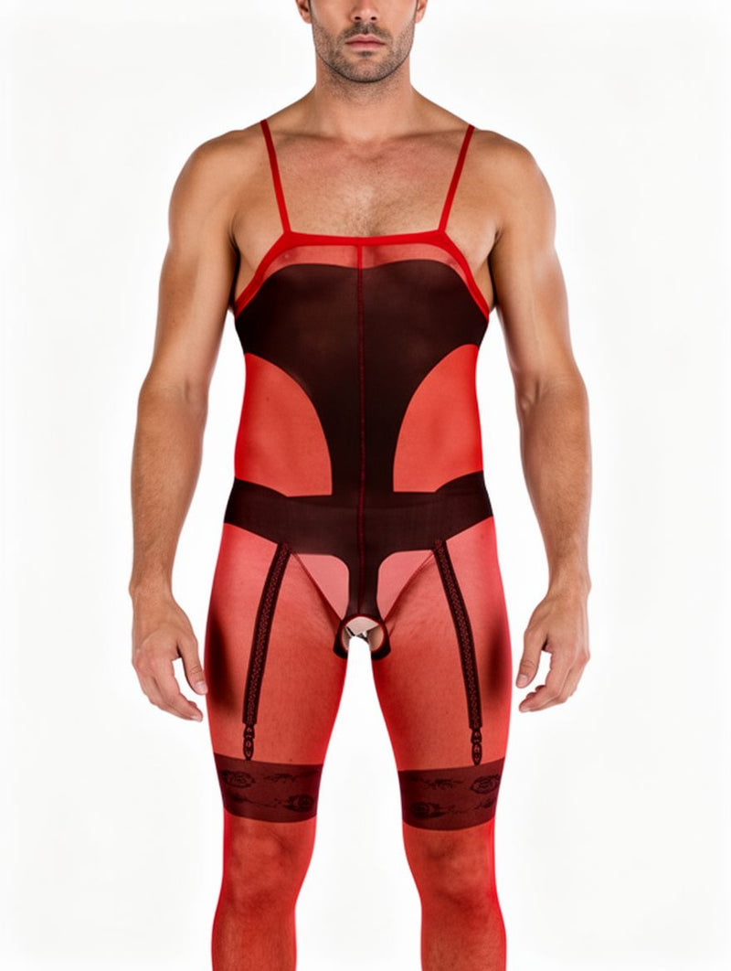 Men's Red Sheer Garter-Style Open-Crotch Footed Bodystocking