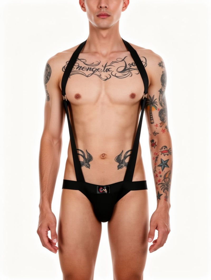 Men's White Suspender Harness Bodysuit With Pouch Brief