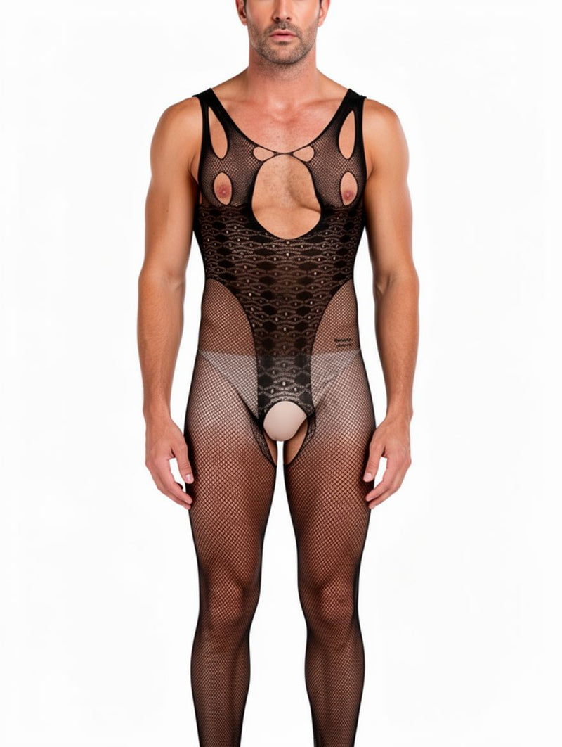 Men's Black Fishnet Cutout Open-Crotch Bodystocking
