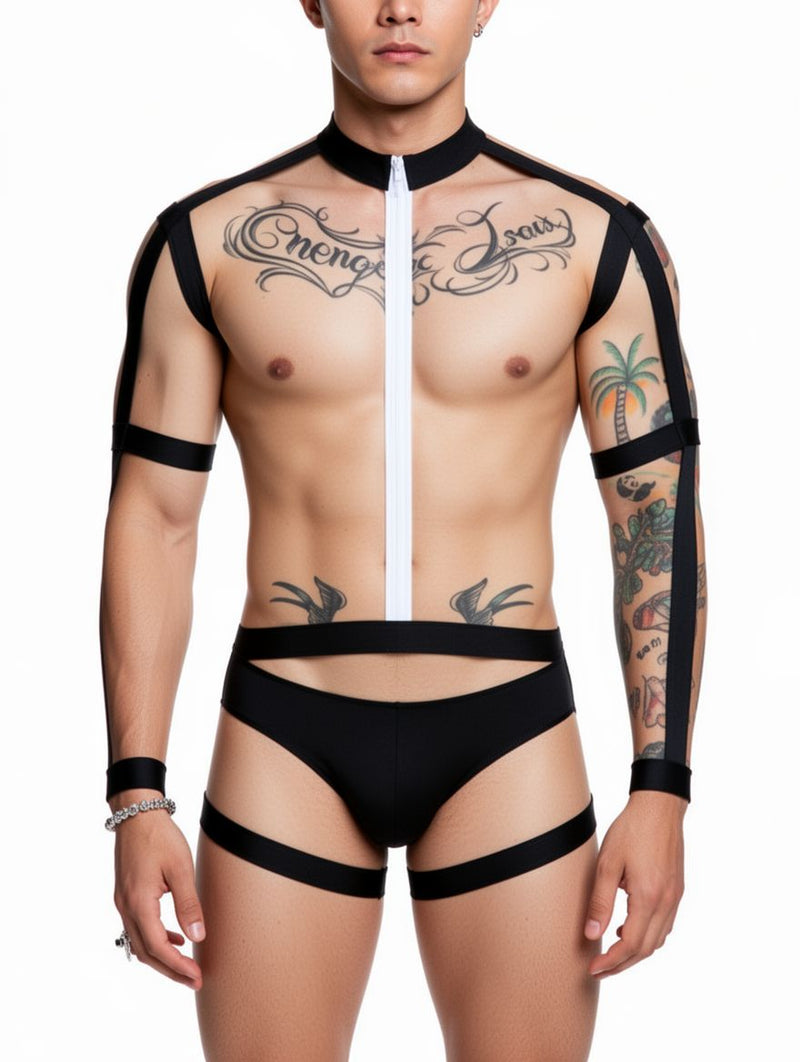Men's Black Sheer Mesh Strappy Long-Sleeve Bodysuit