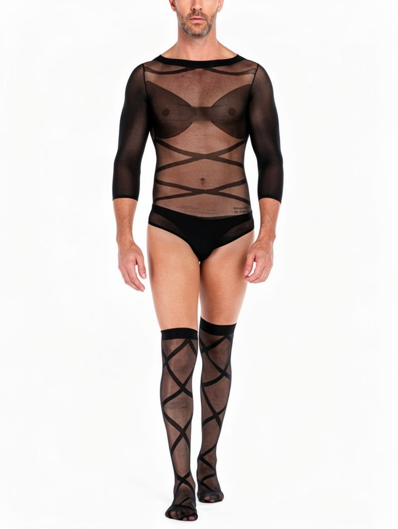Men's Black Sheer Mesh Crossover Bodysuit with Mask