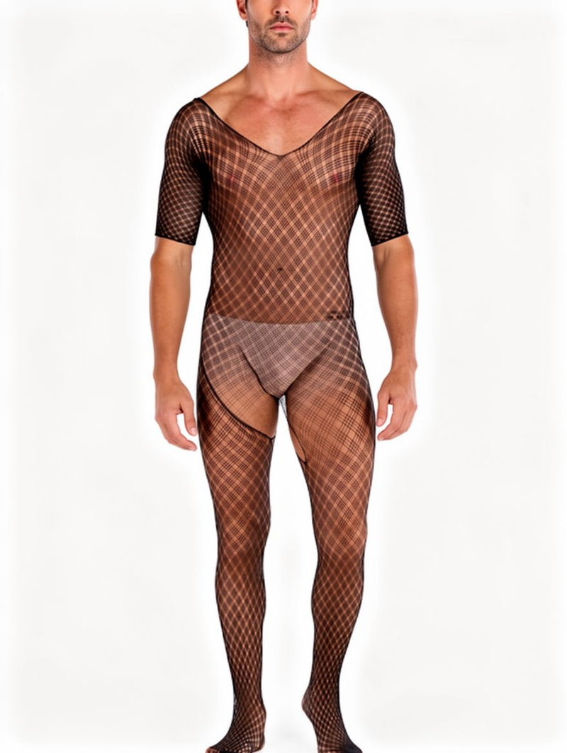 Men's Black Diamond Fishnet Short-Sleeve Footed Bodystocking