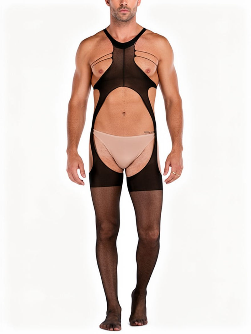 Men's Black Sheer Suspender Bodystocking with Racerback Straps