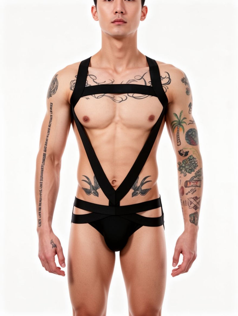 Men's Black Elastic Strappy Harness Jockstrap Bodysuit