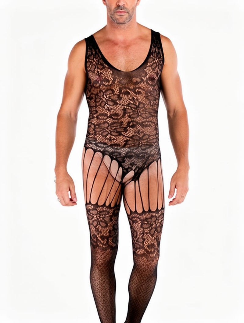 Men's Black Floral Lace Suspender Footed Bodystocking