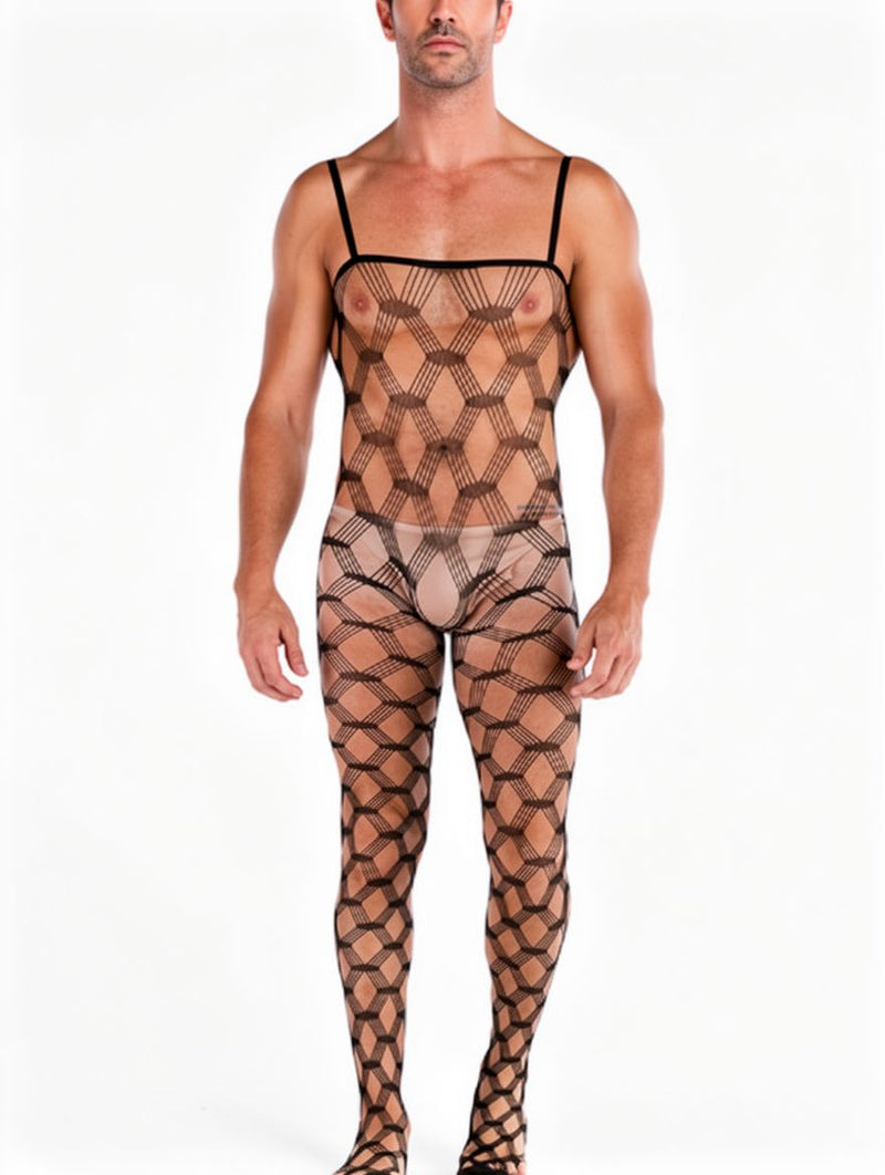 Men's Black Diamond Net Spaghetti-Strap Footed Bodystocking