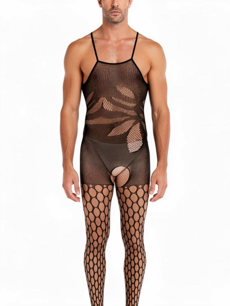 Men's Black Leaf-Pattern Open-Crotch Footed Bodystocking
