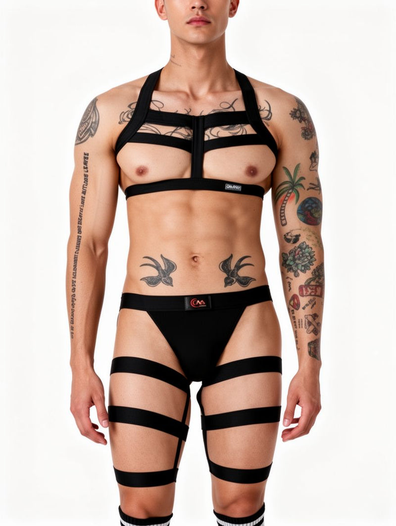 Men's White Strappy Harness Jockstrap and Leg Straps Set