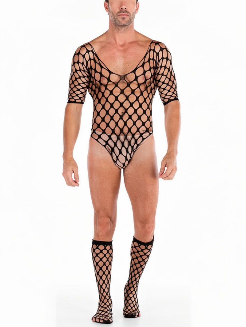 Men's Black Diamond Fishnet Short-Sleeve Teddy Bodysuit