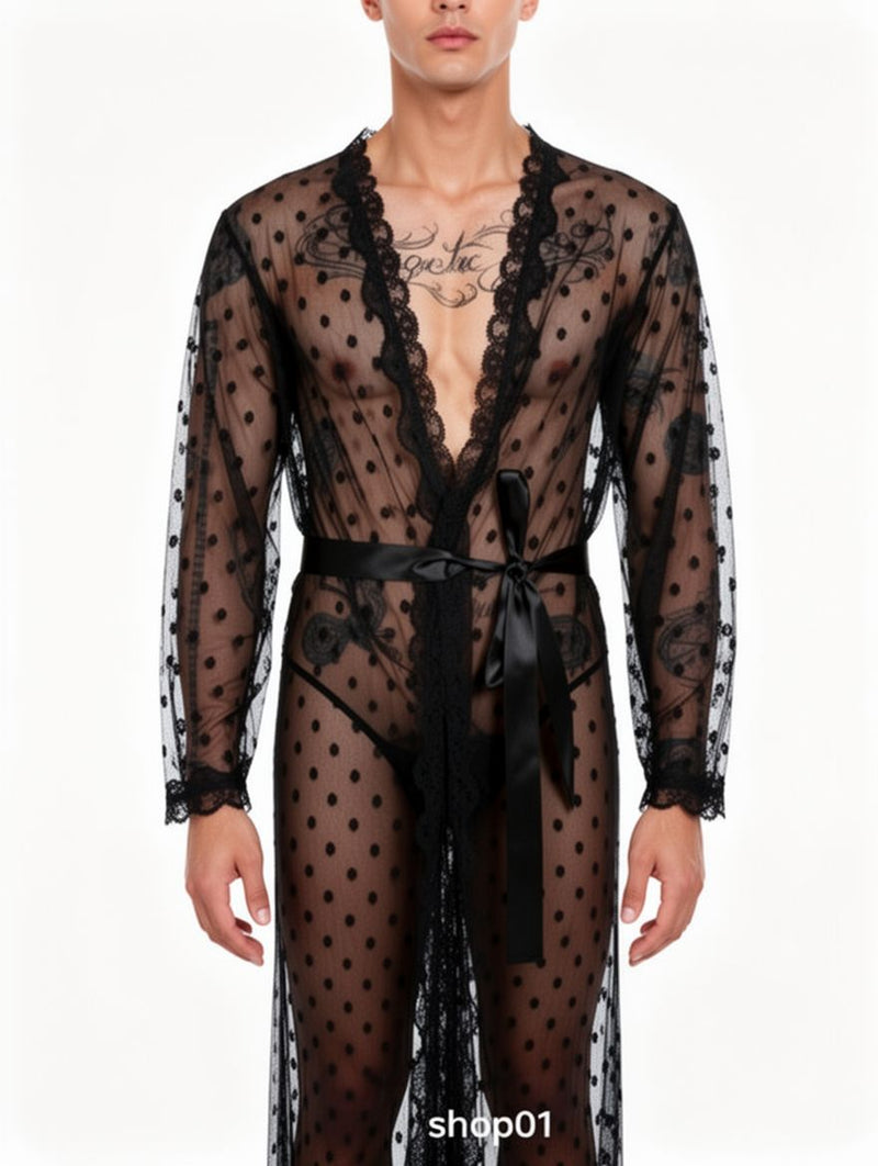 Men's White Sheer Polka-Dot Lace Long Robe Gown