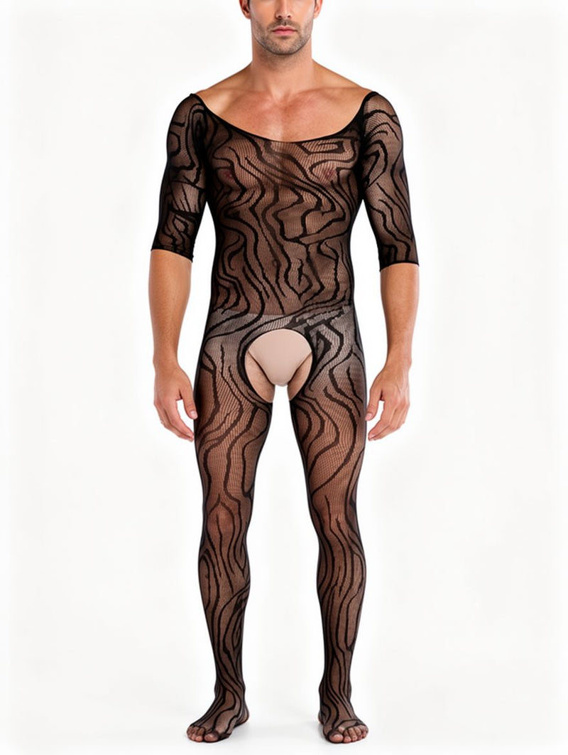Men's Black Swirl Lace Open-Crotch Footed Bodystocking