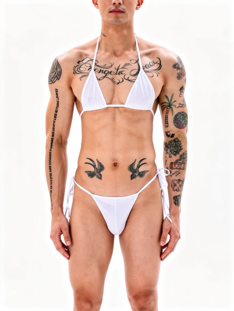 Men's Black Micro Bikini Tie-Side Bra and Thong Set