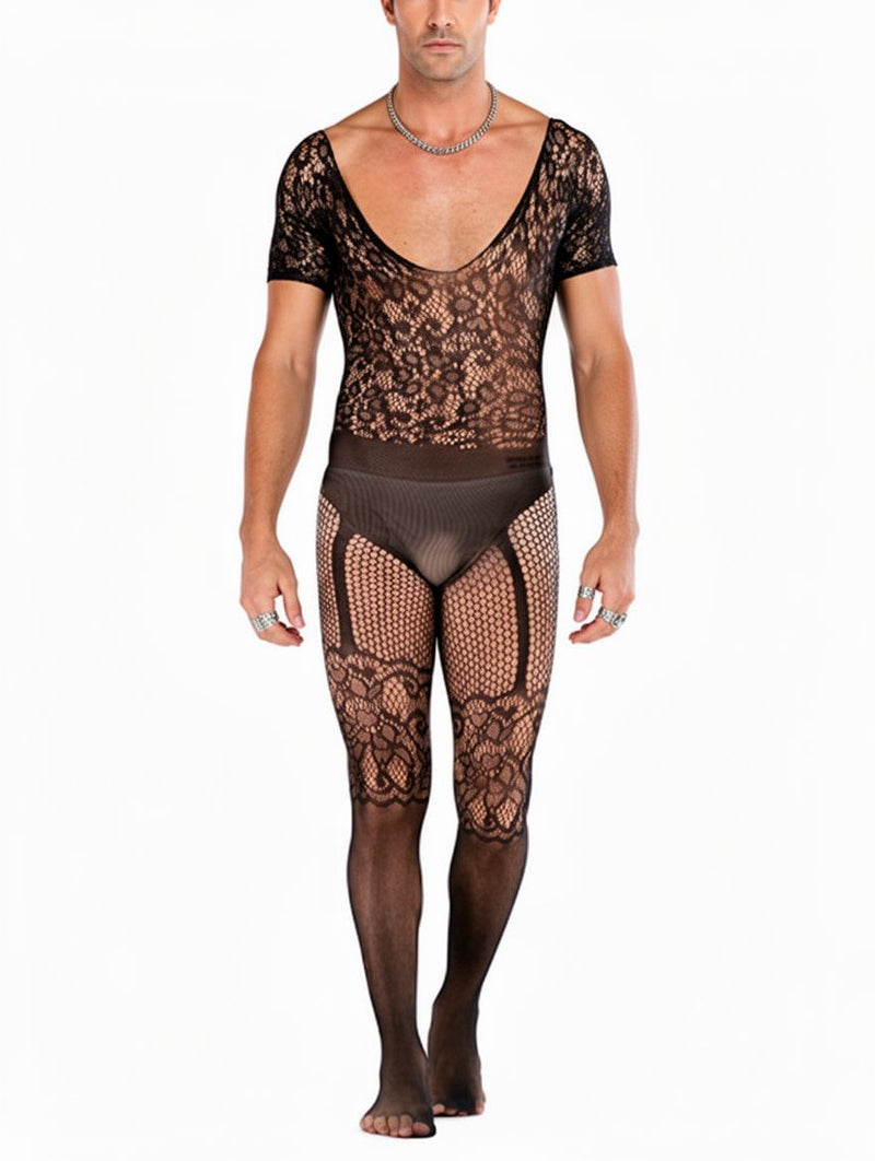 Men's Black Floral Lace And Fishnet Footed Bodystocking