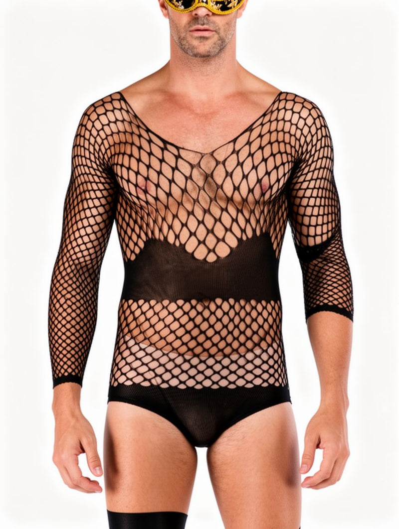 Men's Black Fishnet Long-Sleeve Top and Brief Set