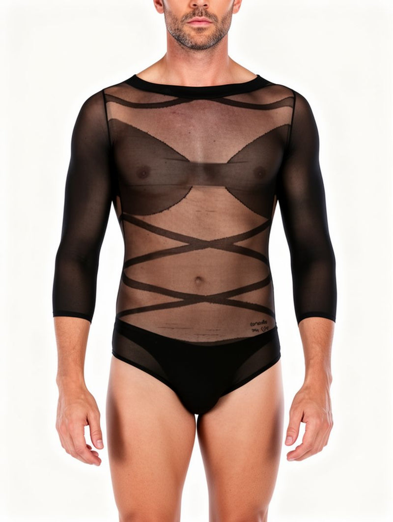 Men's Black Sheer Mesh Crisscross Strappy Bodysuit