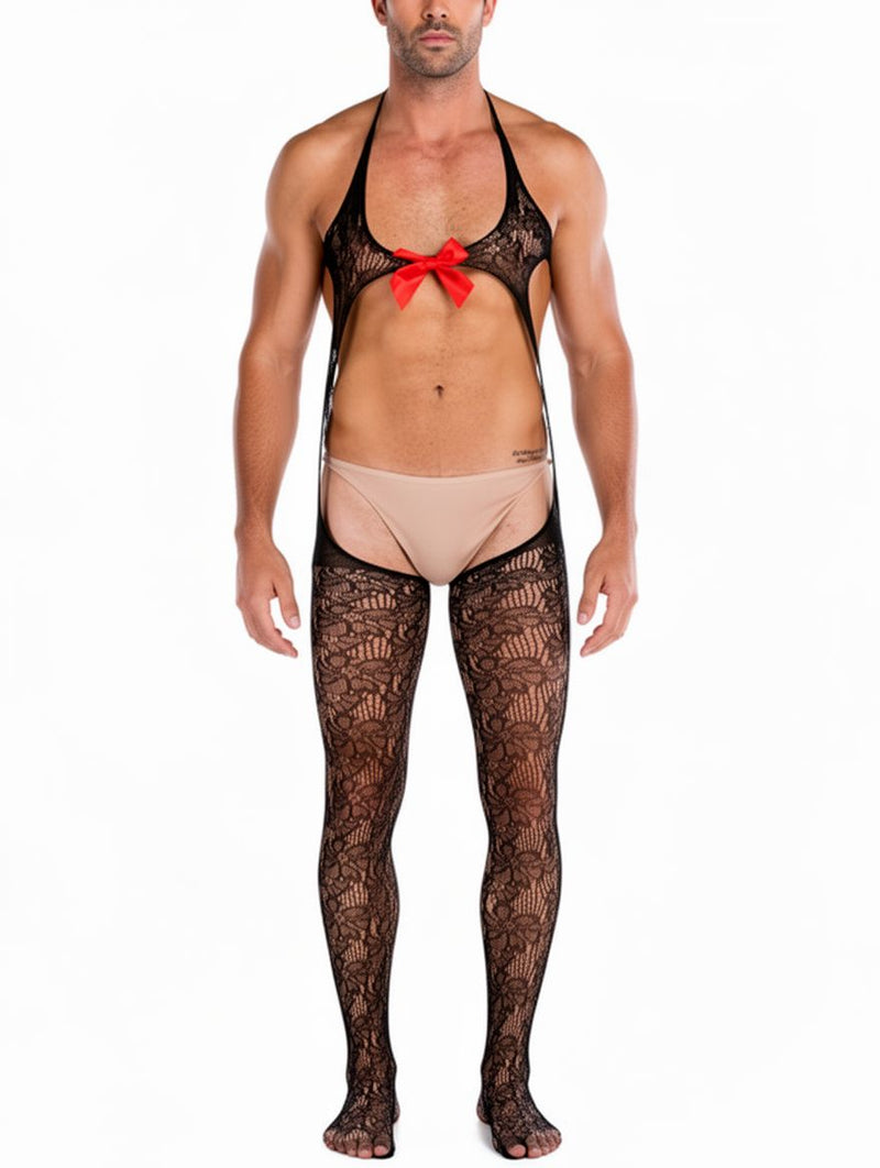 Men's Black Lace Halter Bralette And Thigh-High Stockings Set