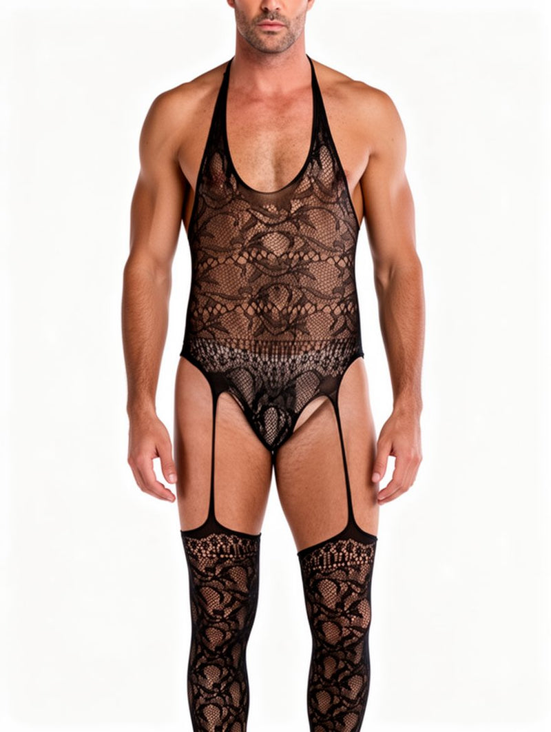 Men's Black Lace Garter Belt and Thigh-High Stocking Set