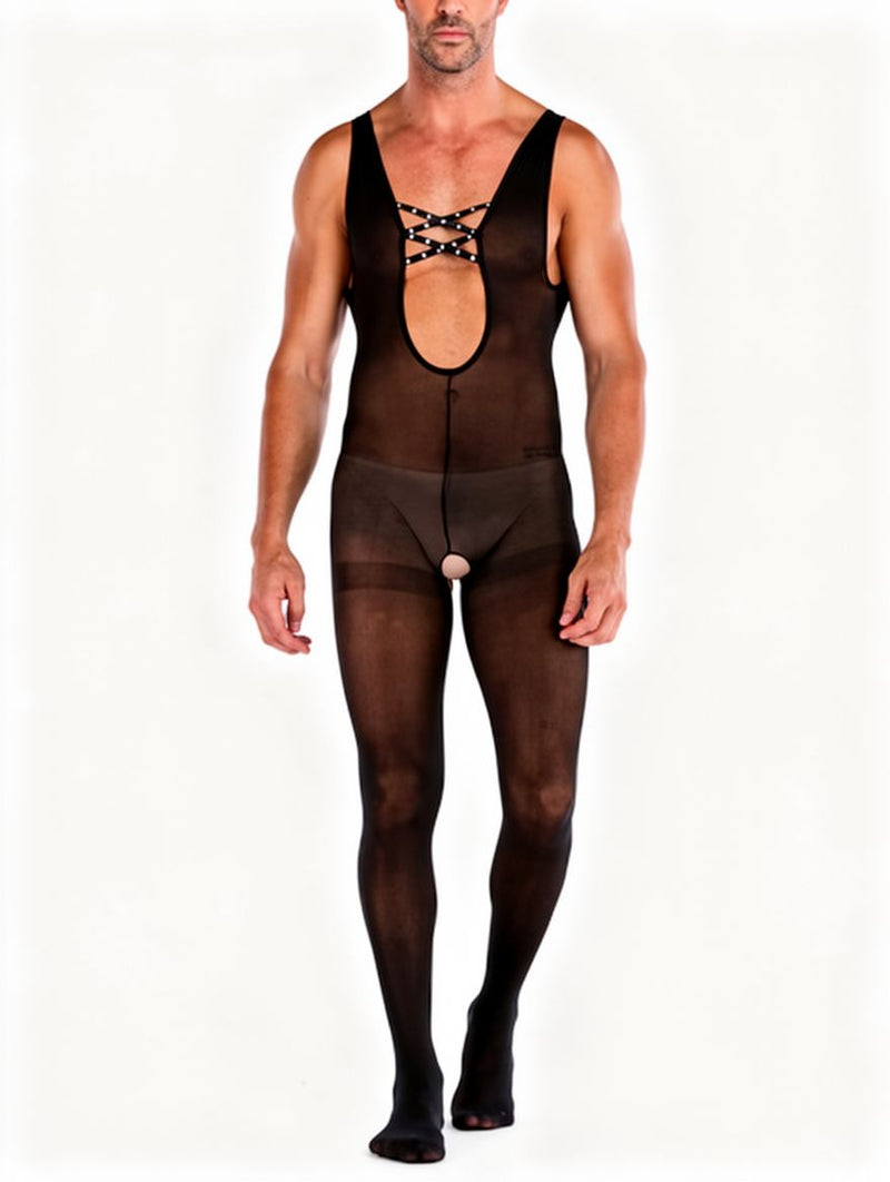 Men's Black Sheer Lace-Up Open-Crotch Footed Bodystocking