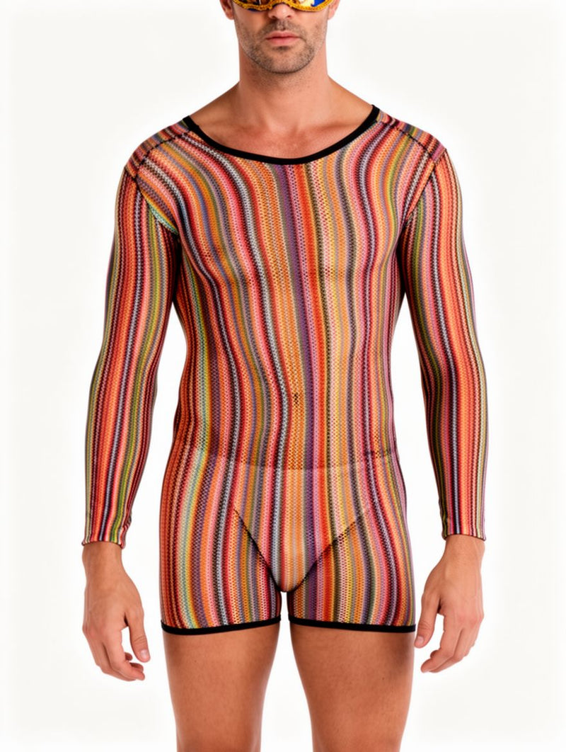 Men's Rainbow Mesh Long-Sleeve See-Through Tunic Top