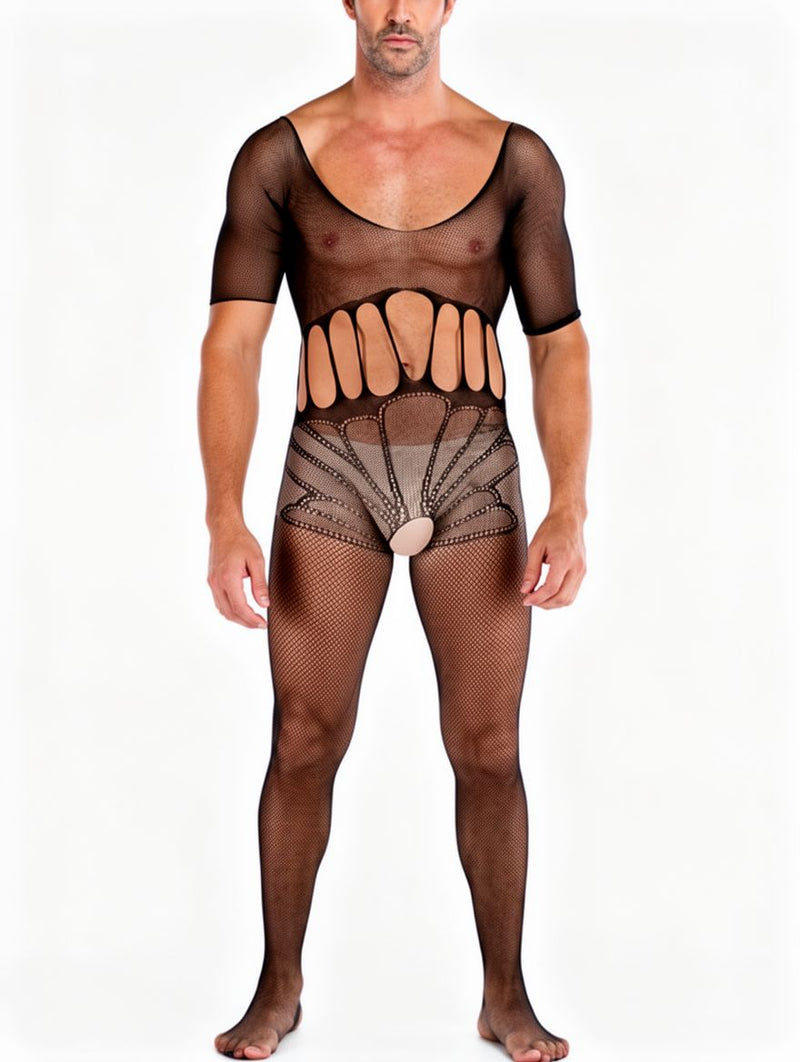 Men's Black Fishnet Cutout-Back Footed Bodystocking