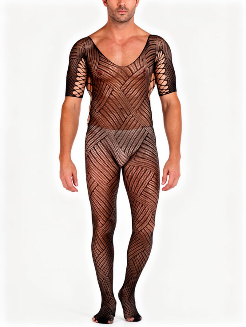 Men's Black Diagonal Net Short-Sleeve Footed Bodystocking