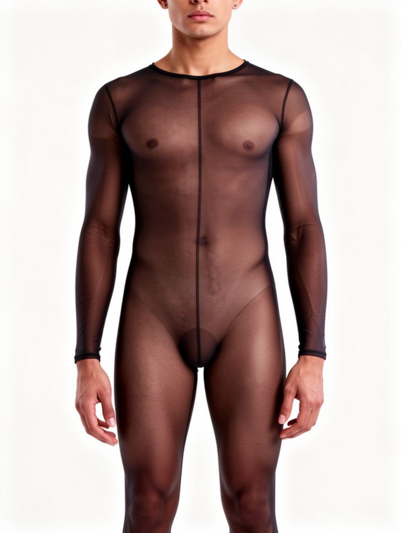 Men's Black Sheer Full-Body Stocking Long-Sleeve Bodysuit