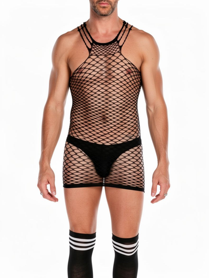 Men's Black Diamond Net Tank Romper with Mask and Socks