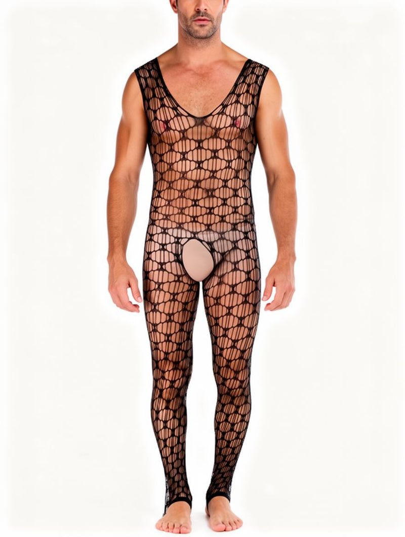 Men's Black Fishnet Open-Crotch Footed Bodystocking