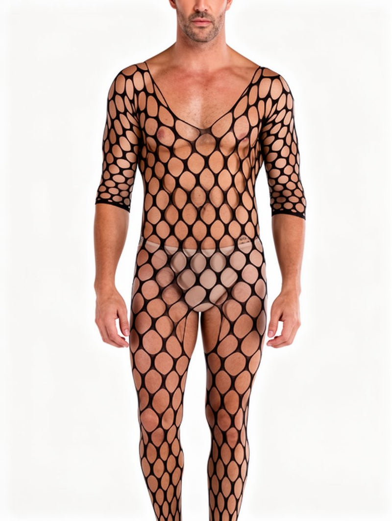 Men's Black Large-Hole Fishnet Footed Bodystocking