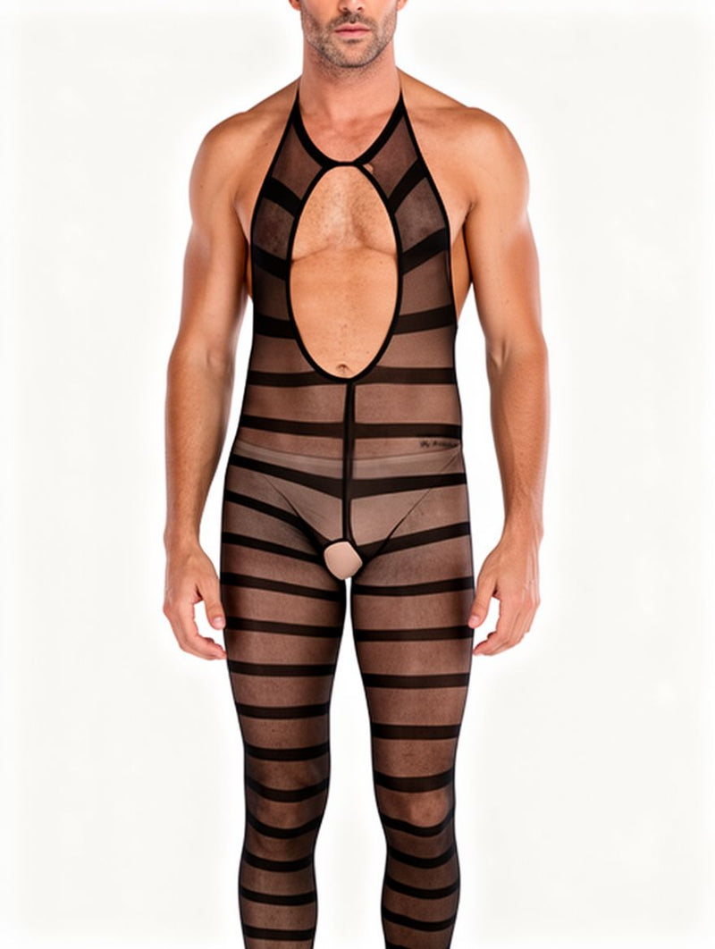 Men's Black Sheer Striped Halter Footless Catsuit