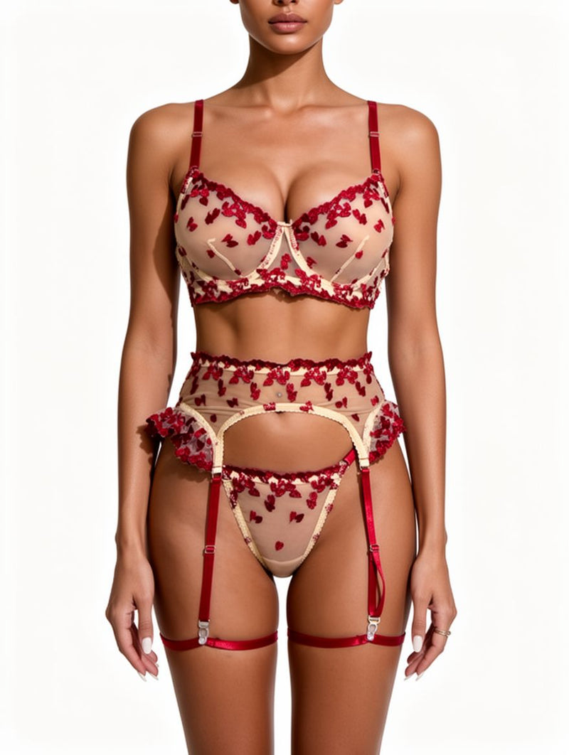Women's Red Floral Embroidered Sheer Garter Belt Lingerie Set