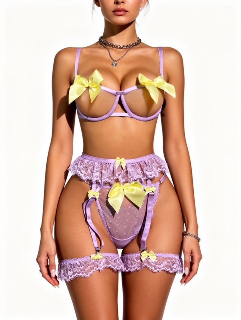 Women's Lilac Lace Bow Cutout Bra Garter Thong Set