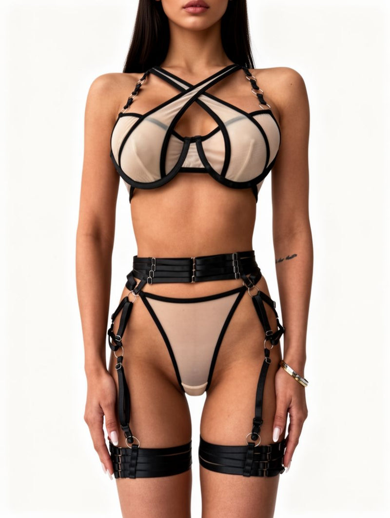 Women's Red Satin Strappy Caged Garter Belt Lingerie Set