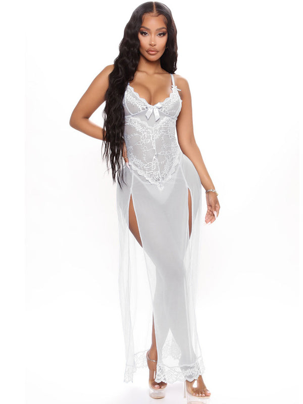 Women's White Lace Bustier Sheer Mesh High-Slit Maxi Gown