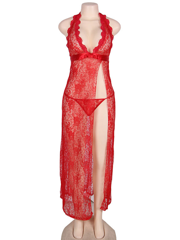 Women's Red Floral Lace Halter High-Slit Long Gown