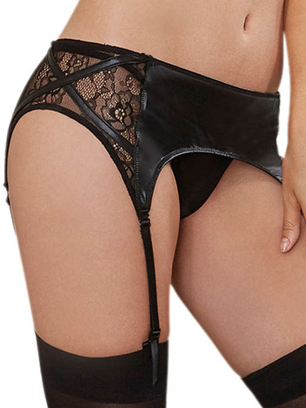 Women's Black Faux Leather Lace-Trim Garter Belt Panty