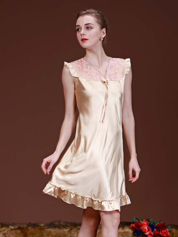 Women's Champagne Satin Ruffle-Hem Sleeveless Nightgown