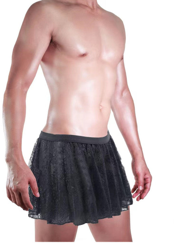 Men's Black Sheer Lace Ruffled Mini Skirt