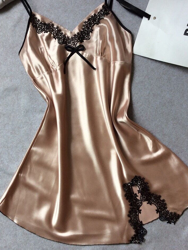 Women's Khaki Faux Silk V-Neck Slip Dress with Black Lace Trim