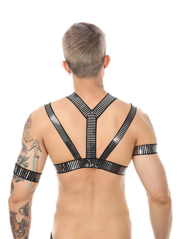 Men's Black Metallic Striped Elastic Chest Harness with Arm Bands